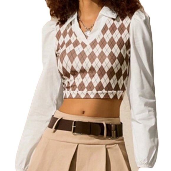 SHEIN Argyle Pattern Puff Sleeve Cropped Sweater in Brown / White Size M NWOT - Picture 1 of 13